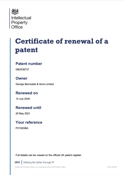 Certificate of Renewal of a Patent