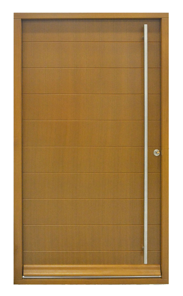 Large contemporary door with modern chrome handle and stained finish