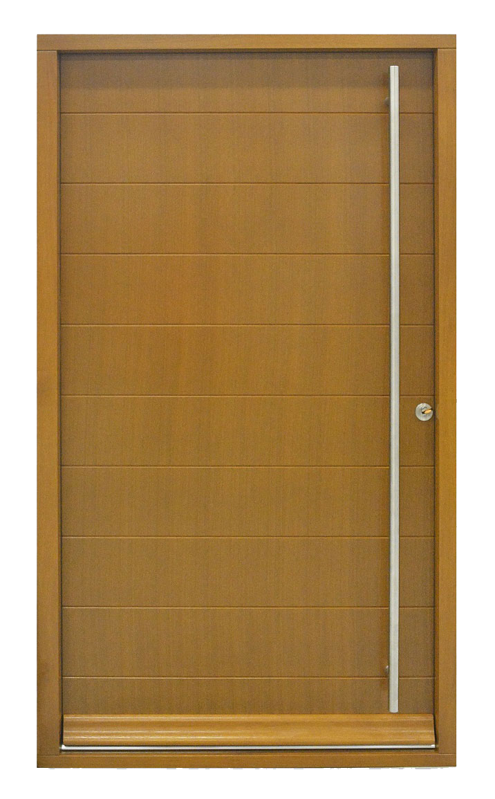 Large contemporary door with modern chrome handle and stained finish