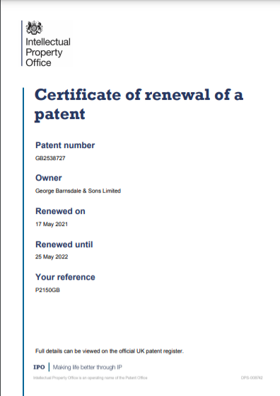Certificate of Renewal of a Patent
