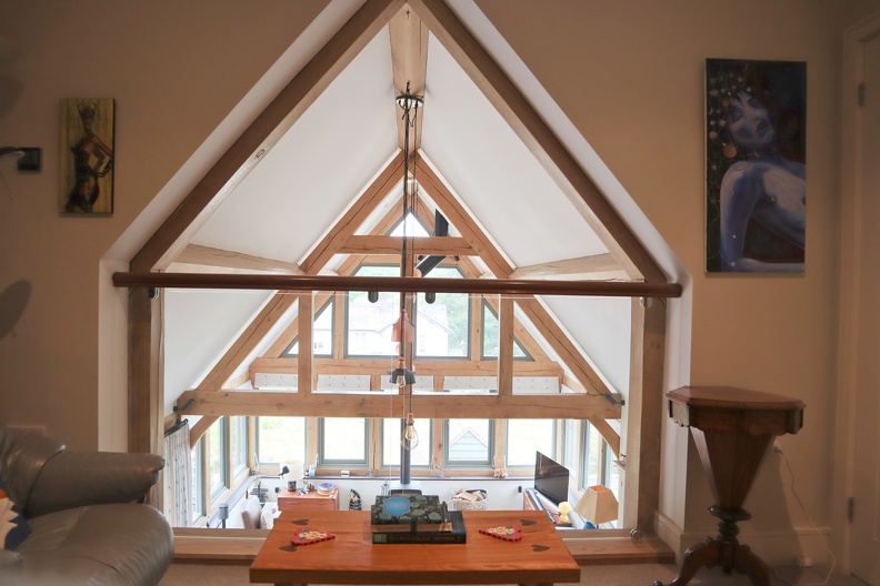 Interior of upstairs room with beamed ceiling