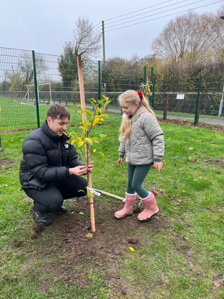Marketing apprentice helping a school girl plant a tree
