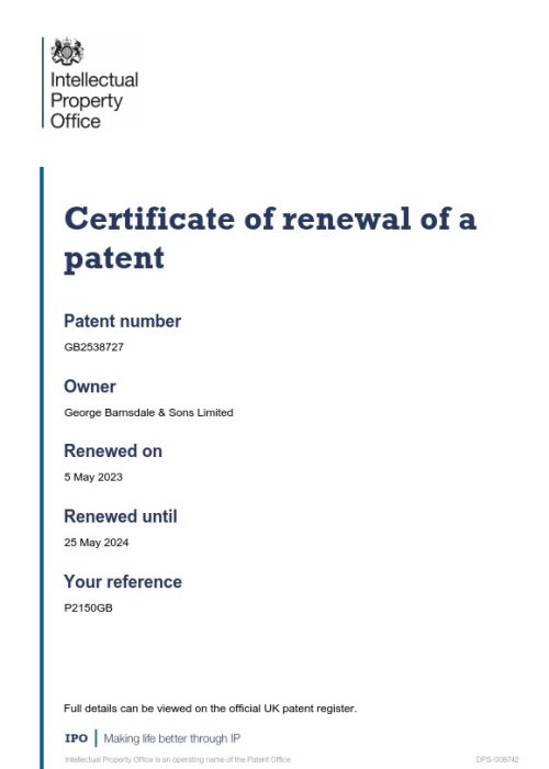Certificate of Renewal of a Patent