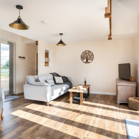 dual aspect timber french doors in a living room with lots of natural light pouring in