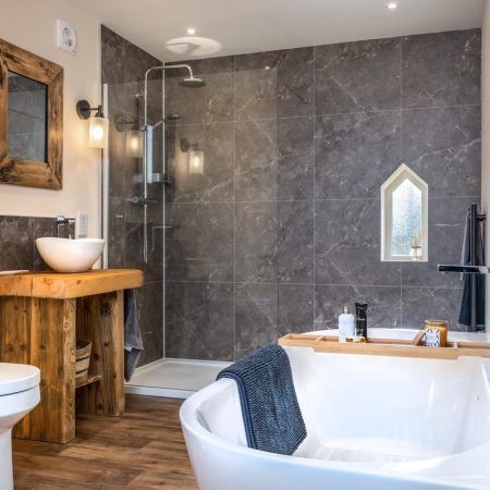 pentagon shaped window in luxury bathroom