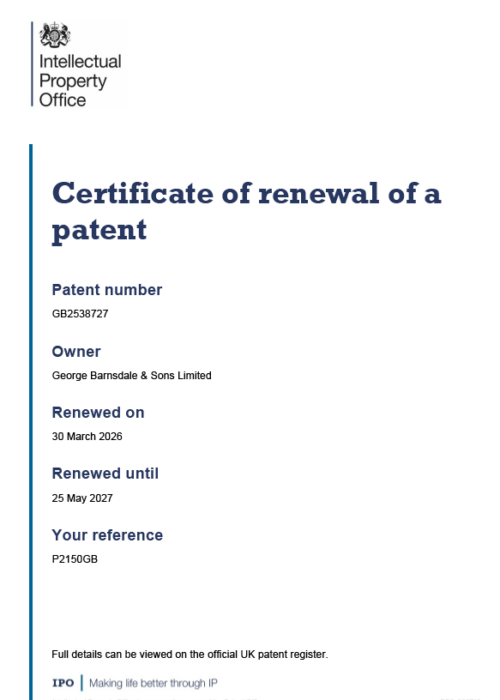 Certificate of Renewal of a Patent